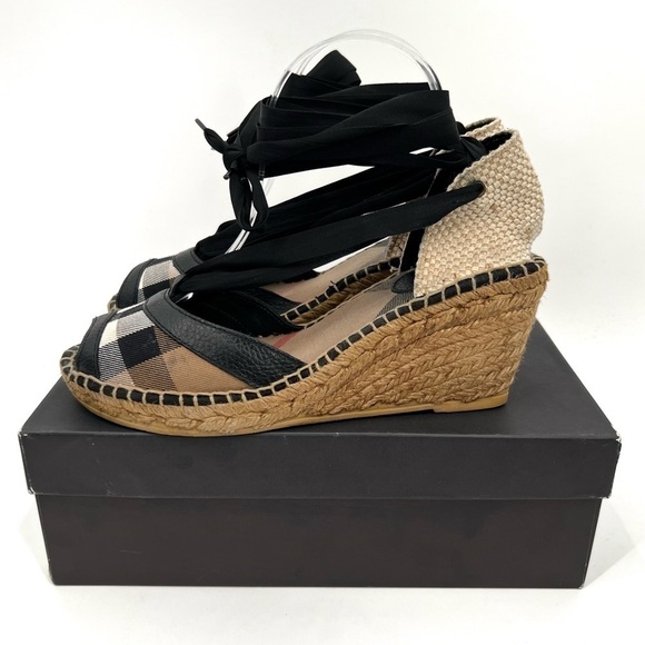 Burberry Espadrille Black Tan Brown Check Logo Tartan Plaid Print Wedge size 40 - Picture 10 of 16